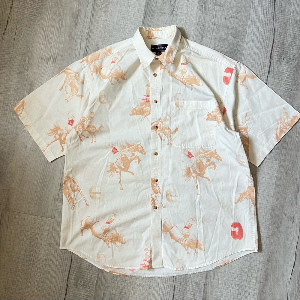 VINTAGE BIT & BRIDLE Western Cowboy Print Short Sleeve Shirt Large Rodeo Horse - Picture 3 of 14
